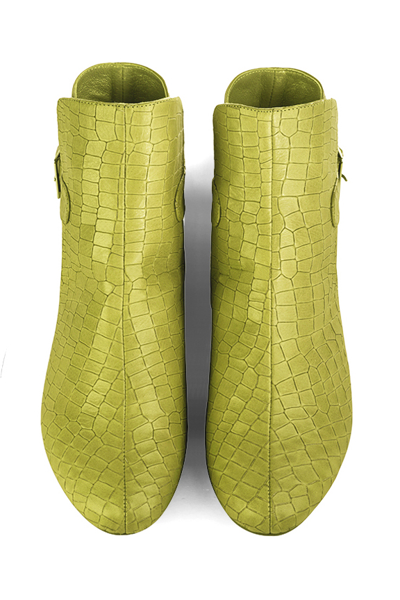Pistachio green women's ankle boots with buckles at the back. Round toe. Flat block heels. Top view - Florence KOOIJMAN